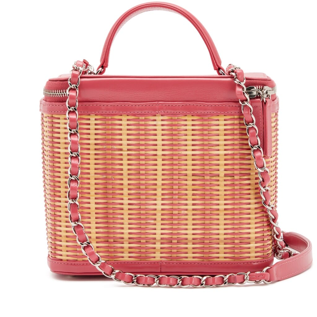 Pink Glazed Calfskin and Raffia Vanity Case Bag Silver Hardware, 2019