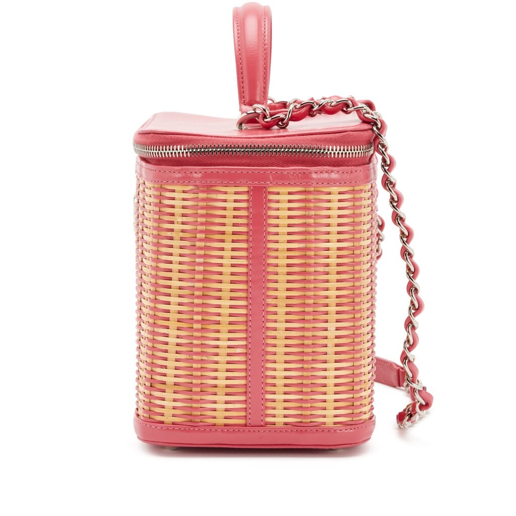 Pink Glazed Calfskin and Raffia Vanity Case Bag Silver Hardware, 2019