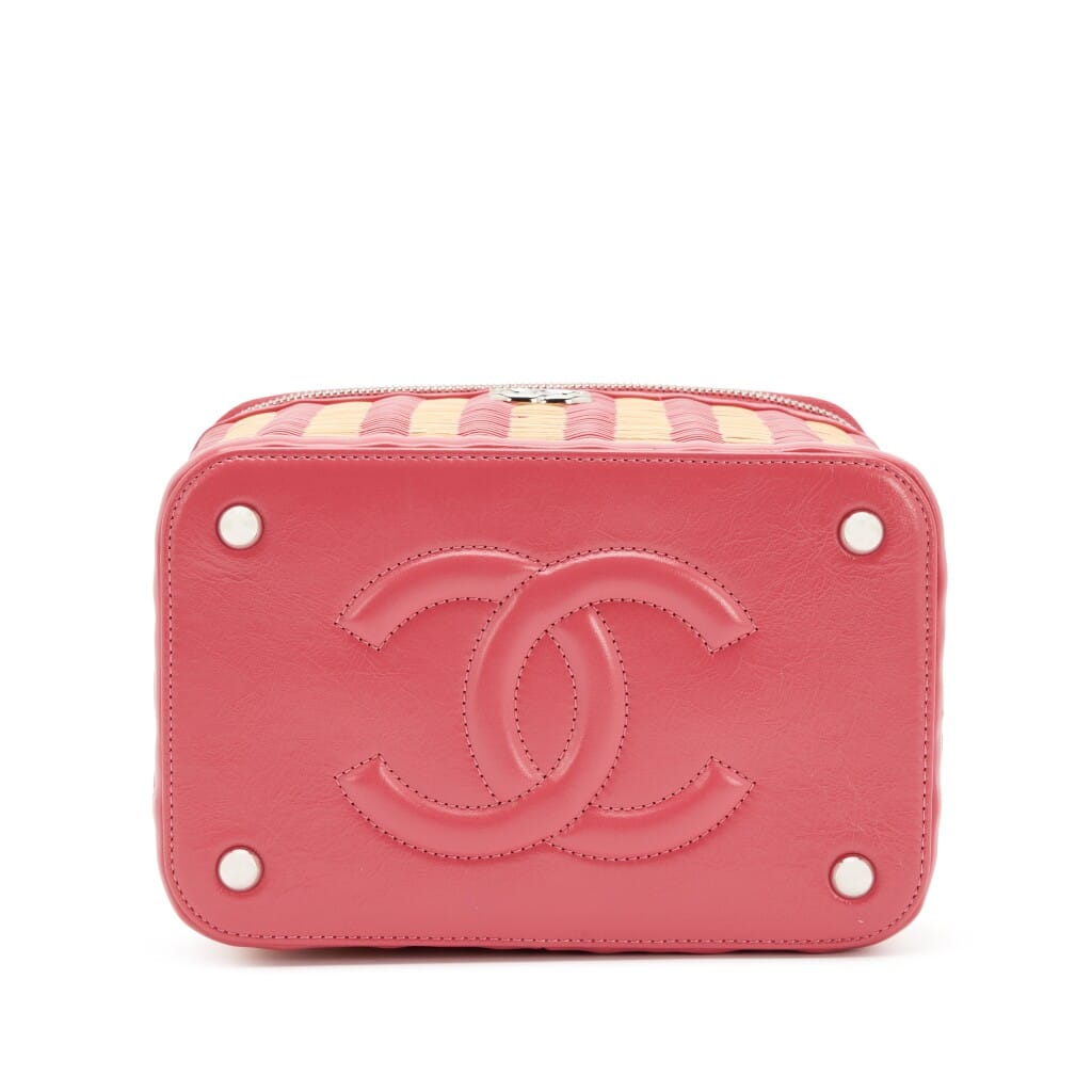 Pink Glazed Calfskin and Raffia Vanity Case Bag Silver Hardware, 2019