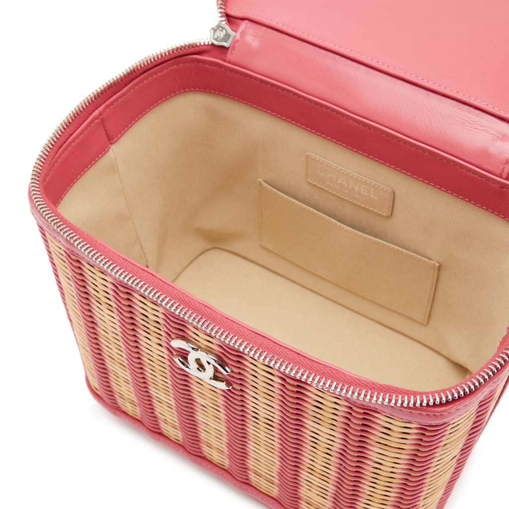 Pink Glazed Calfskin and Raffia Vanity Case Bag Silver Hardware, 2019