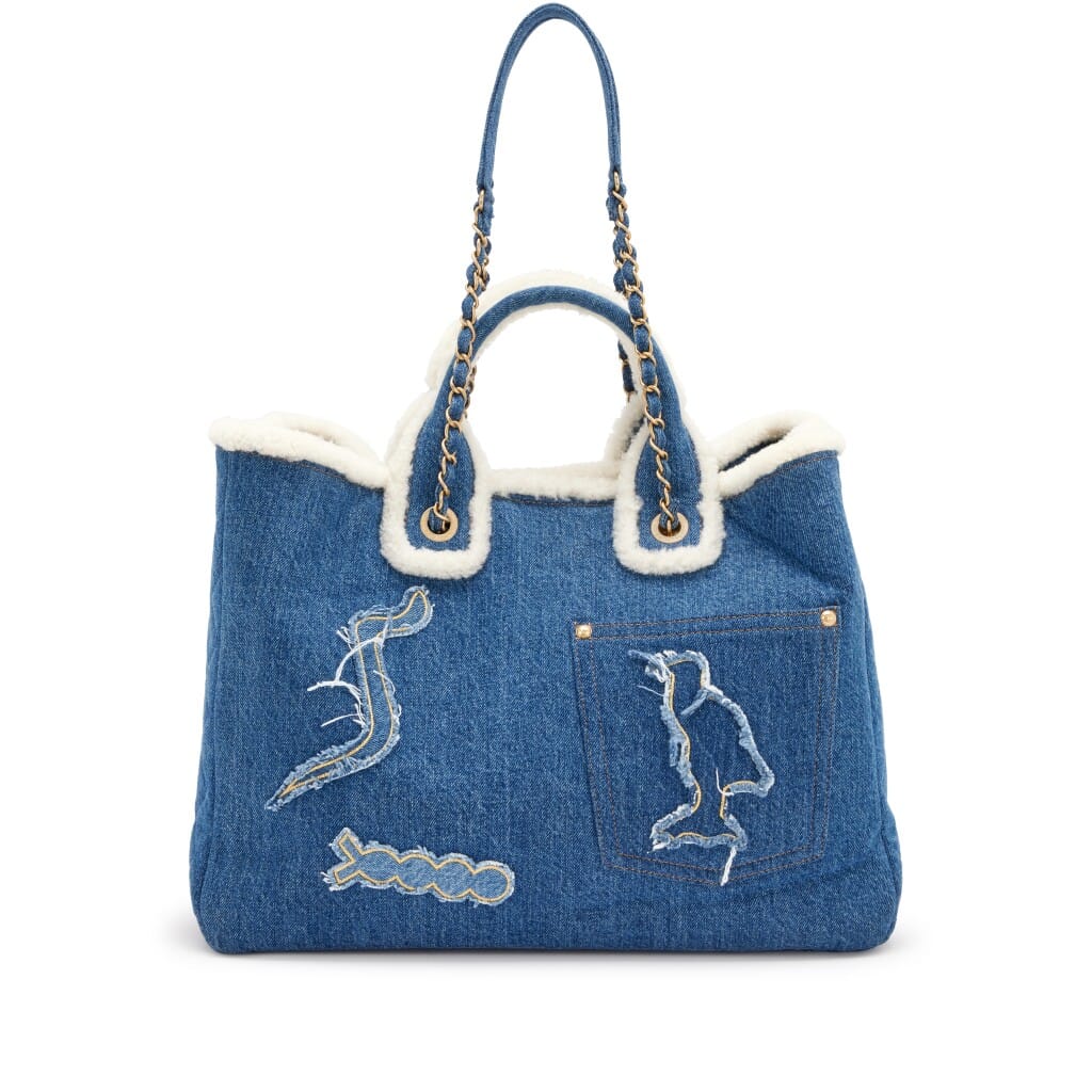 Blue Denim, White Shearling Paris-New York Hieroglyph Coco Tote Gold Hardware, 2019