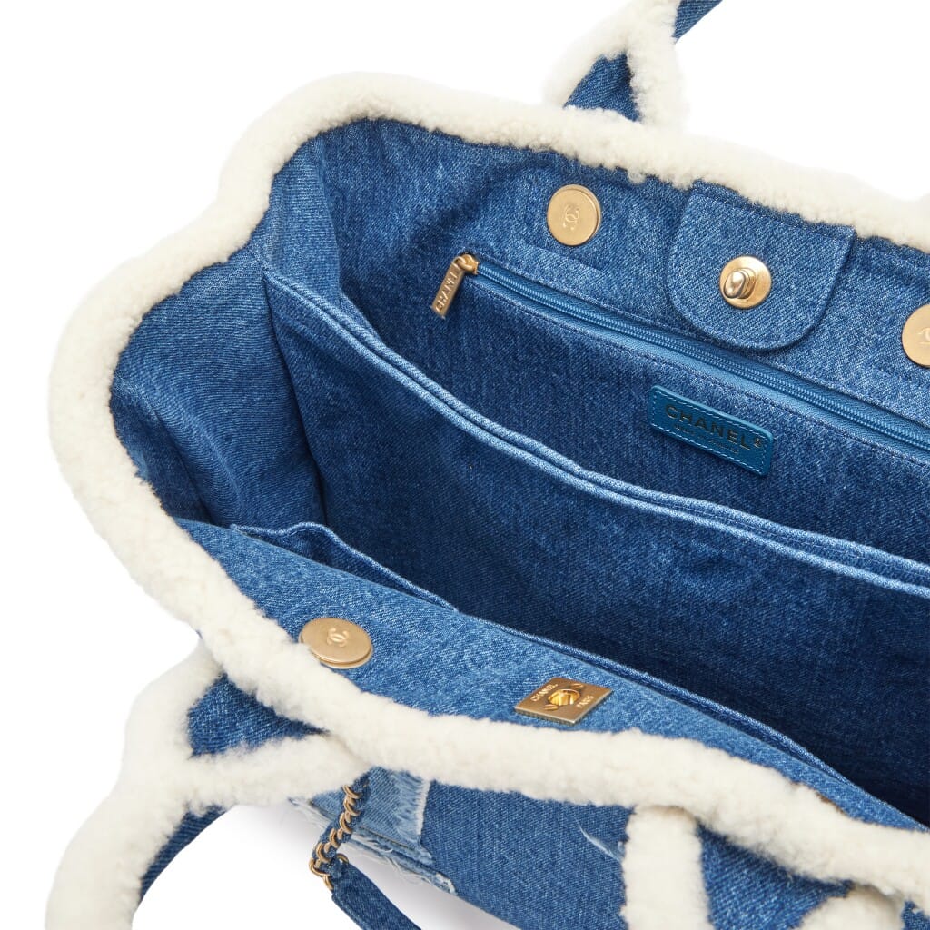Blue Denim, White Shearling Paris-New York Hieroglyph Coco Tote Gold Hardware, 2019