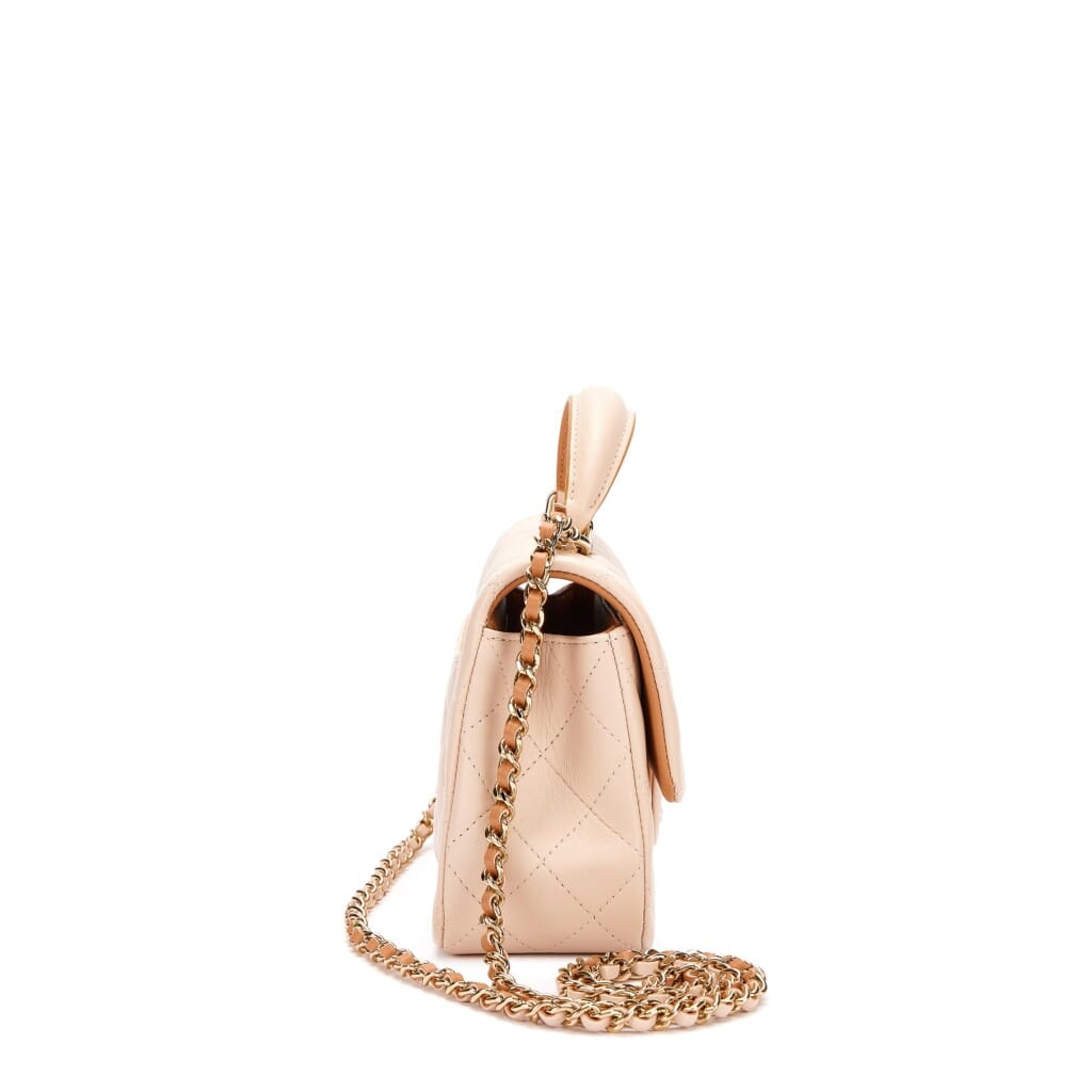 Ecru and Beige Quilted Lambskin Top Handle Flap Bag Pale Gold Hardware