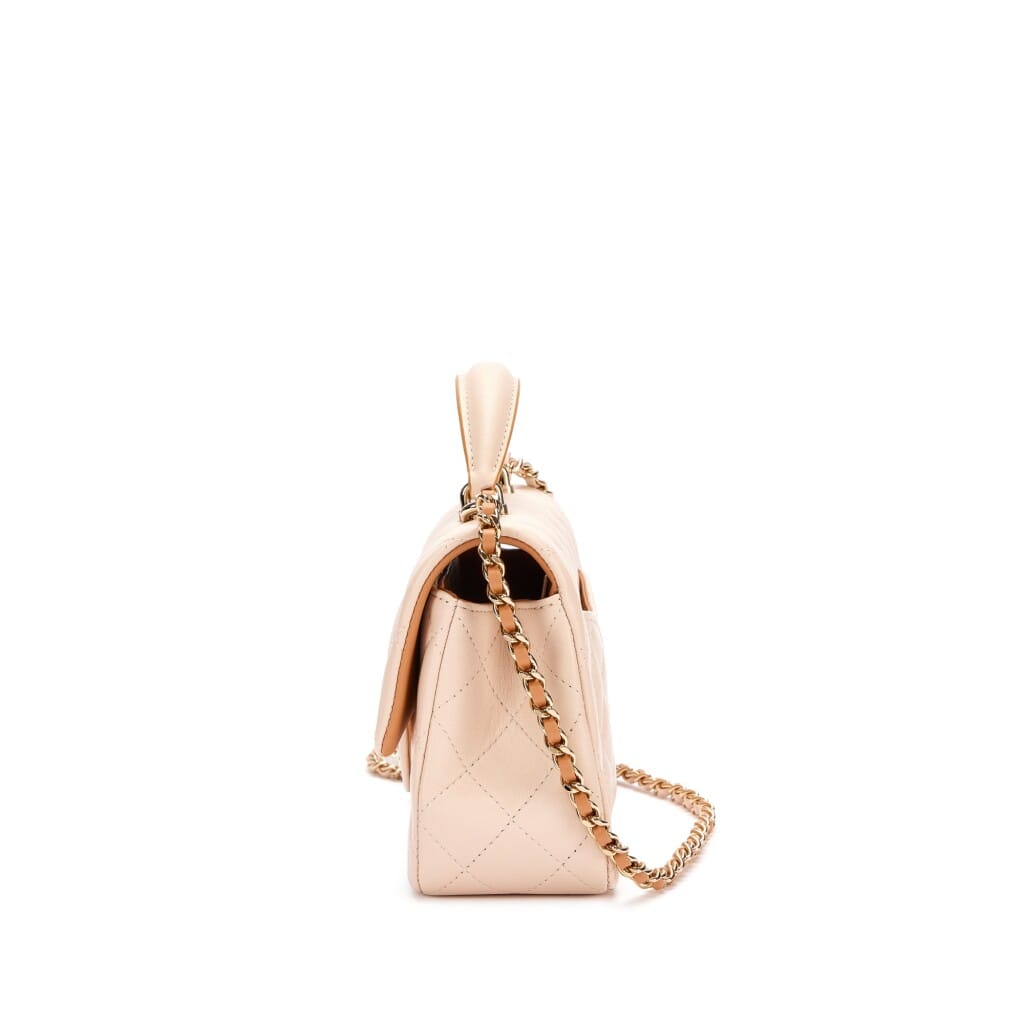 Ecru and Beige Quilted Lambskin Top Handle Flap Bag Pale Gold Hardware