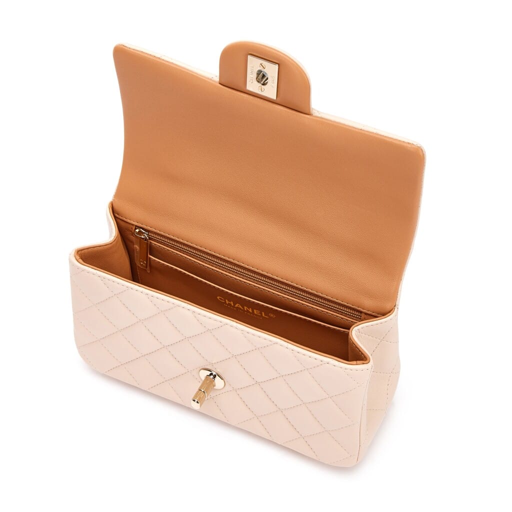 Ecru and Beige Quilted Lambskin Top Handle Flap Bag Pale Gold Hardware
