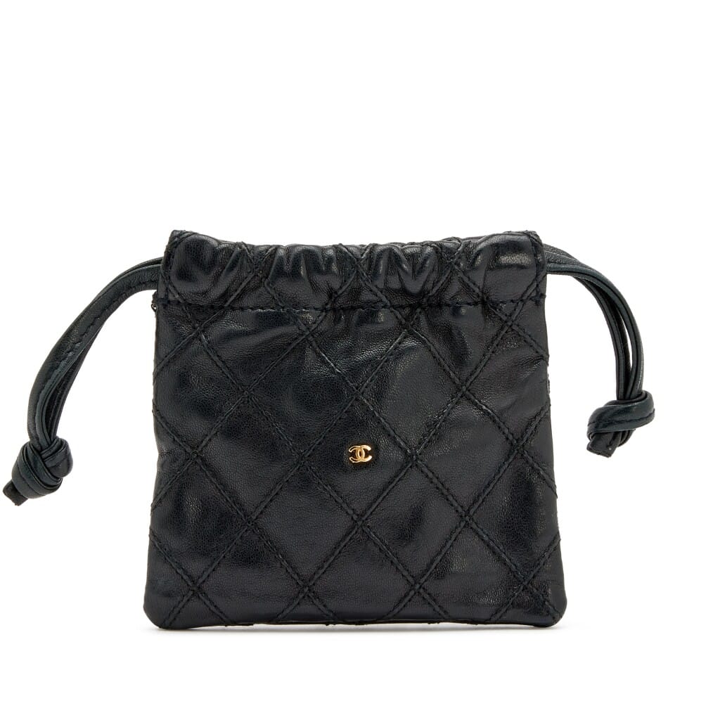 Black Quilted Lambskin CC Micro Drawstring Coin Pouch Gold Hardware, 1986-1988