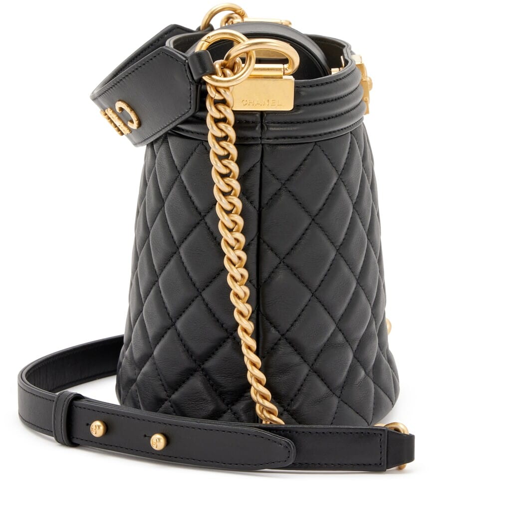 Black Quilted Lambskin Boy Bucket Bag Aged Gold Hardware, 2020