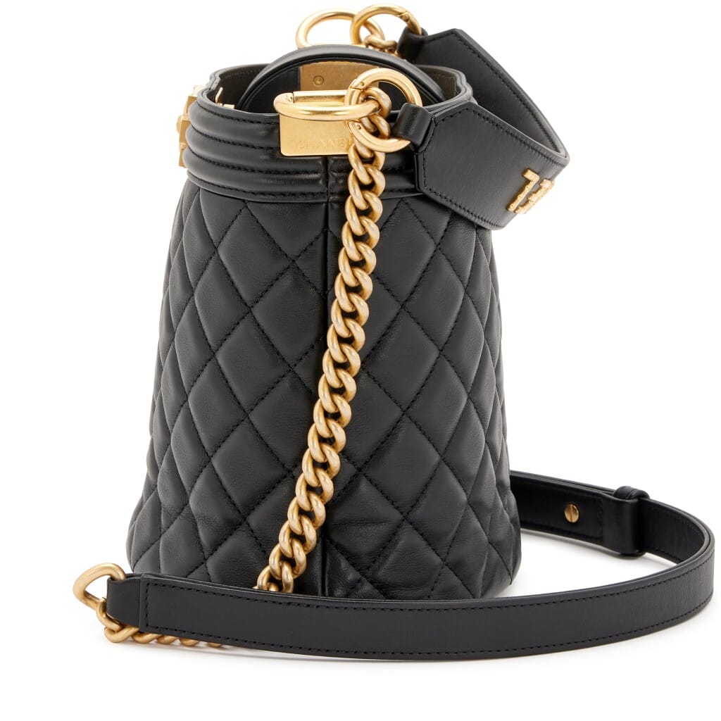 Black Quilted Lambskin Boy Bucket Bag Aged Gold Hardware, 2020