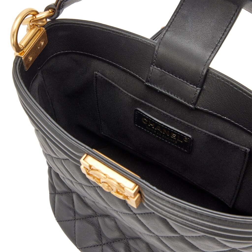 Black Quilted Lambskin Boy Bucket Bag Aged Gold Hardware, 2020