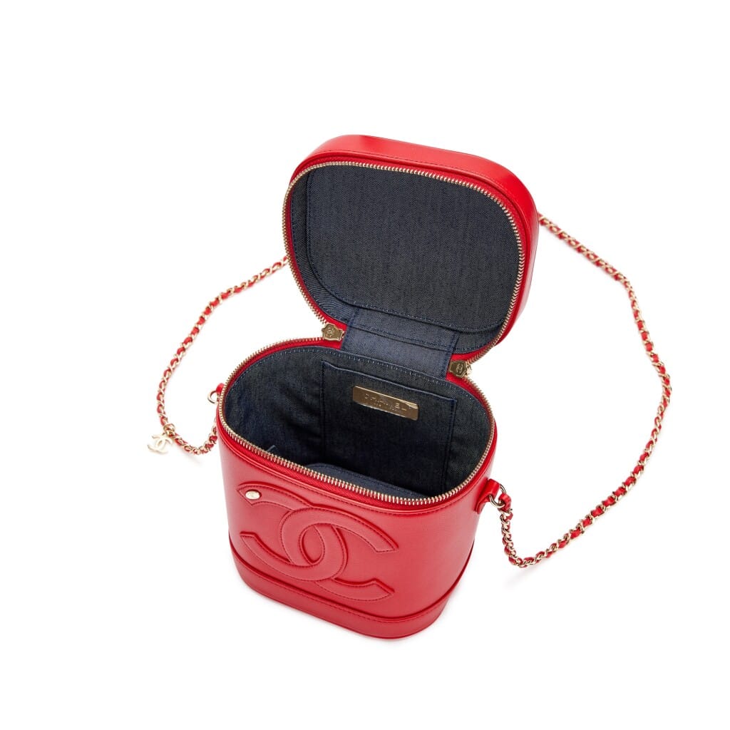 Red Lambskin Top Handle Vanity Case Pale Gold Hardware, 2019