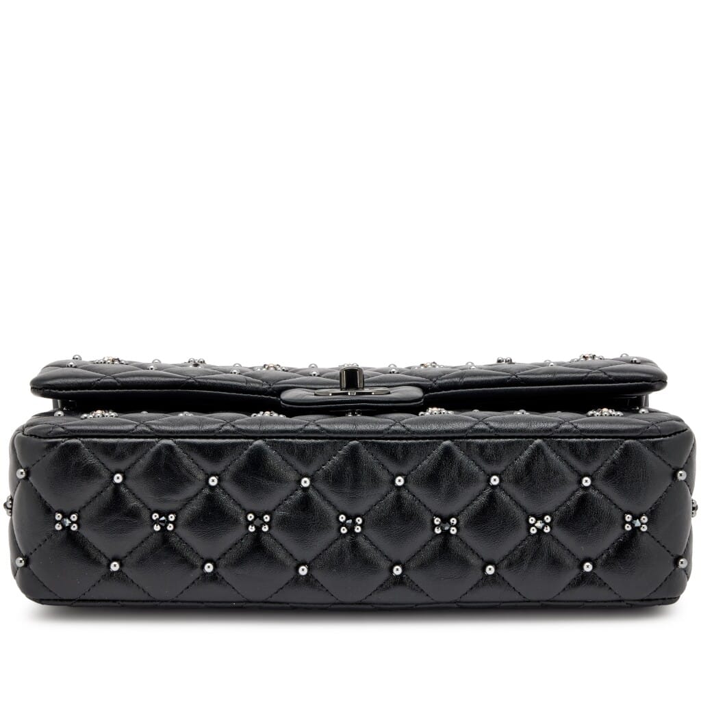 Black Quilted Crumpled Calfsksin Bejewelled Beaded Embellished Medium Classic Double Flap Black Hardware, 2022