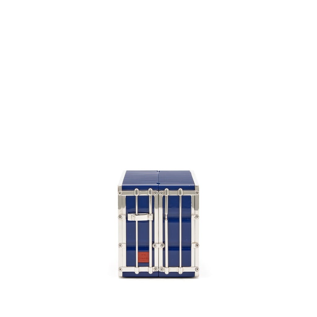 Navy Blue, Green and Dark Red Lucite Paris-Hamburg Shipping Container Minaudiere Silver Hardware, 2018