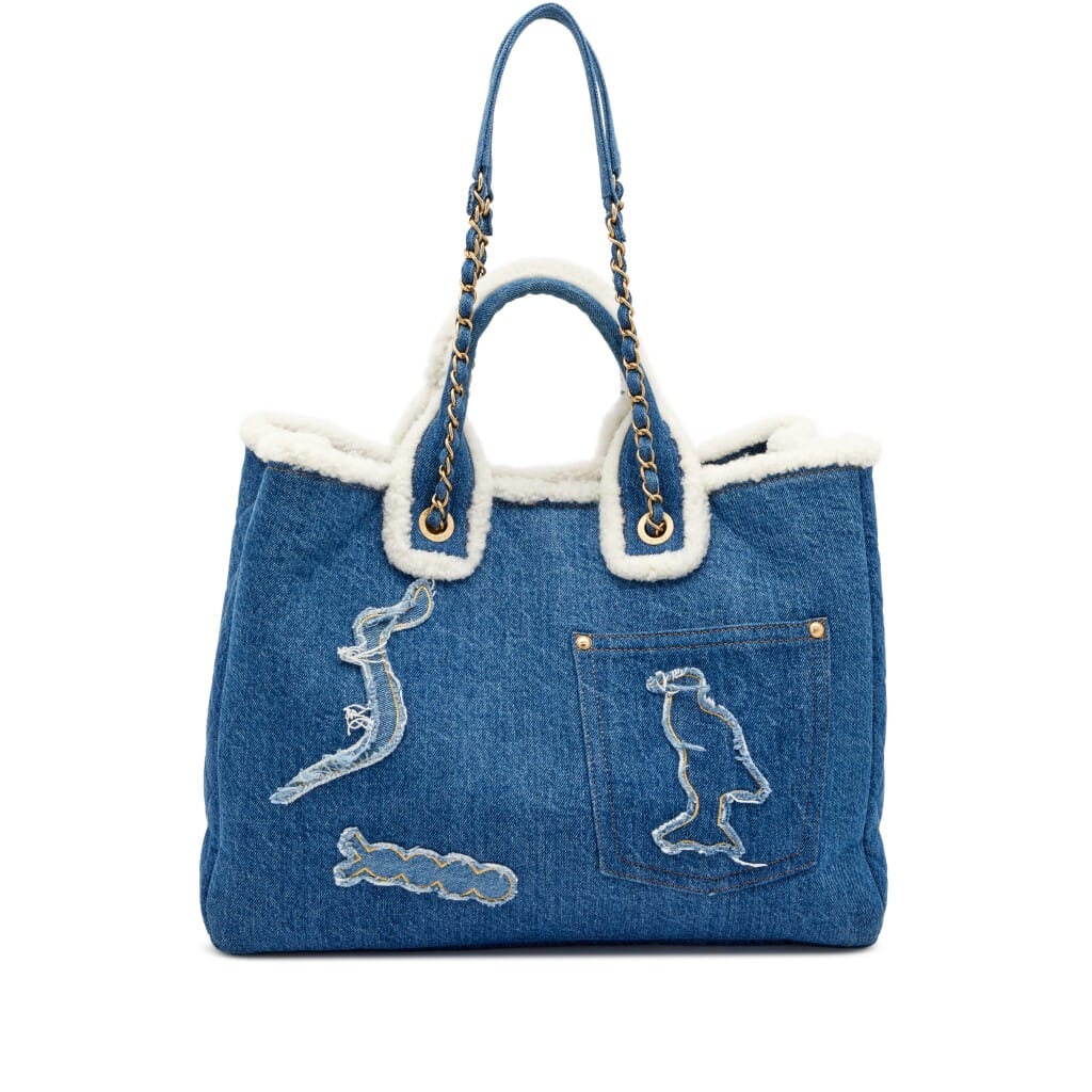 Blue Denim, White Shearling Paris-New York Hieroglyph Coco Tote Gold Hardware, 2019