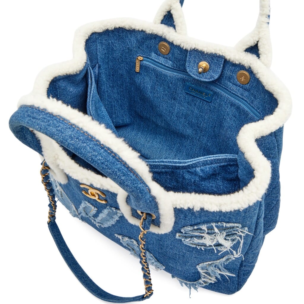 Blue Denim, White Shearling Paris-New York Hieroglyph Coco Tote Gold Hardware, 2019