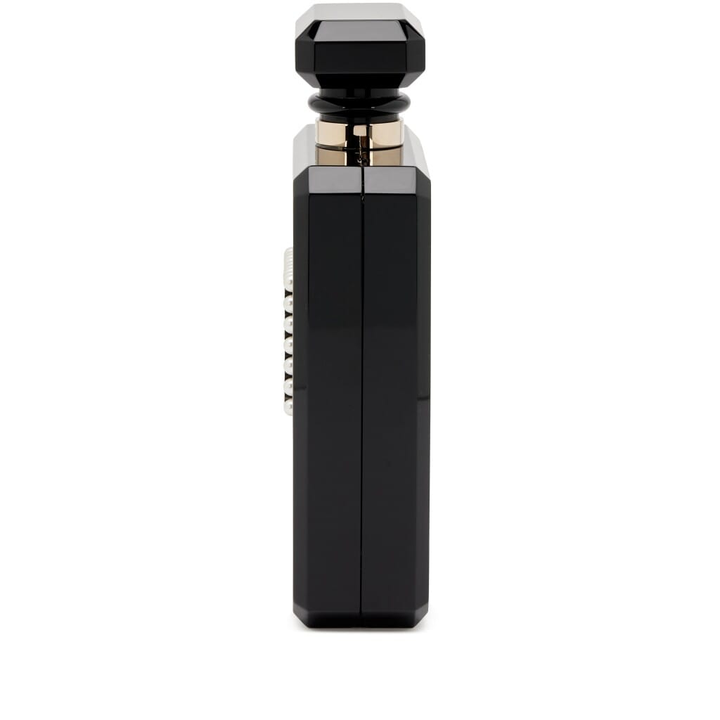 Black and Gold Glitter Plexiglass Imitation Pearl Embellished Perfume Bottle Minaudière Gold Hardware, 2017