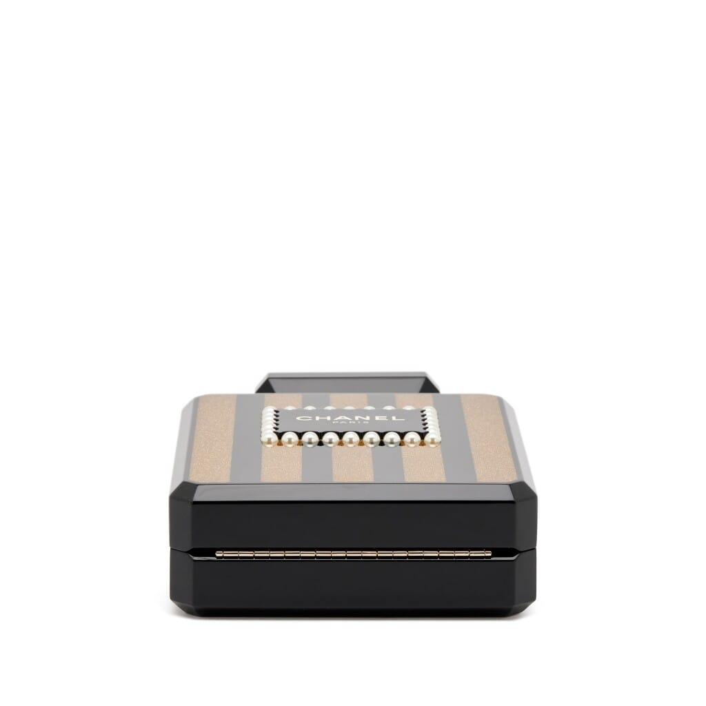 Black and Gold Glitter Plexiglass Imitation Pearl Embellished Perfume Bottle Minaudière Gold Hardware, 2017