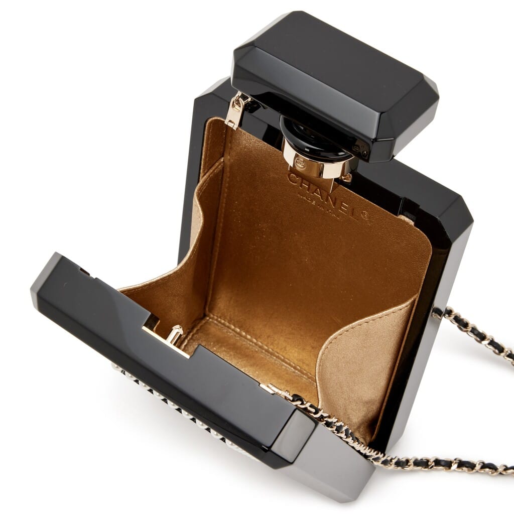 Black and Gold Glitter Plexiglass Imitation Pearl Embellished Perfume Bottle Minaudière Gold Hardware, 2017