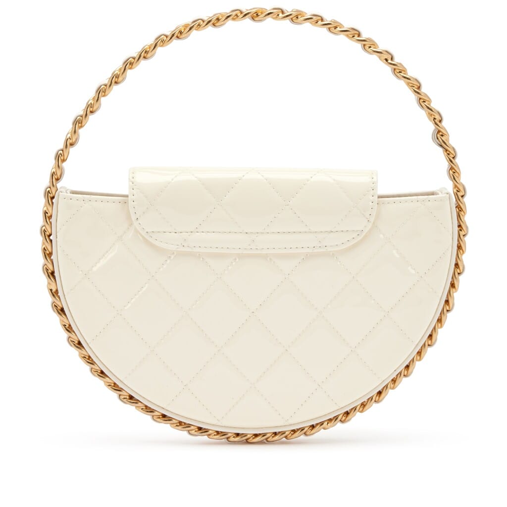 White Quilted Patent Leather Chain Around Hoop Bag Aged Gold Hardware, 2023