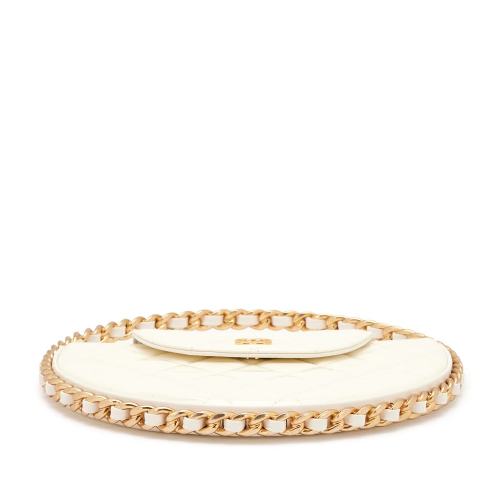 White Quilted Patent Leather Chain Around Hoop Bag Aged Gold Hardware, 2023