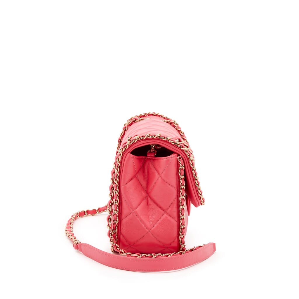 Pink Quilted Aged Calfskin Chain Around Single Flap Gold Hardware, 2020