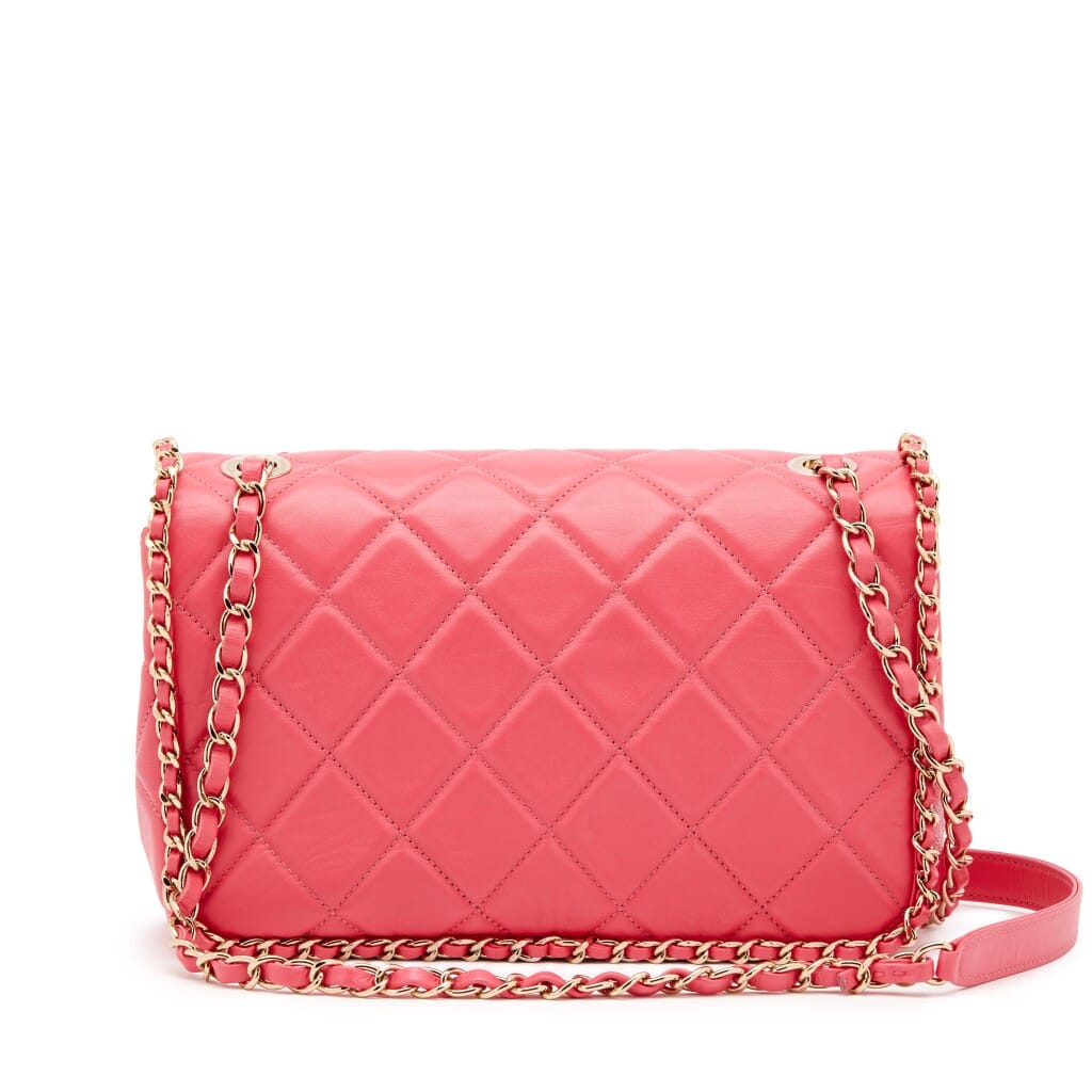Pink Quilted Aged Calfskin Chain Around Single Flap Gold Hardware, 2020