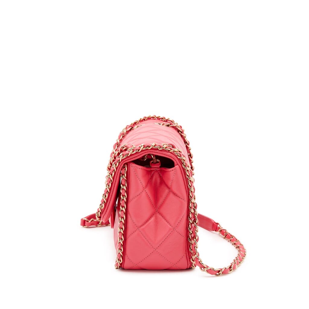 Pink Quilted Aged Calfskin Chain Around Single Flap Gold Hardware, 2020