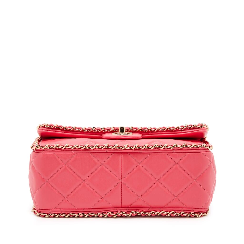 Pink Quilted Aged Calfskin Chain Around Single Flap Gold Hardware, 2020