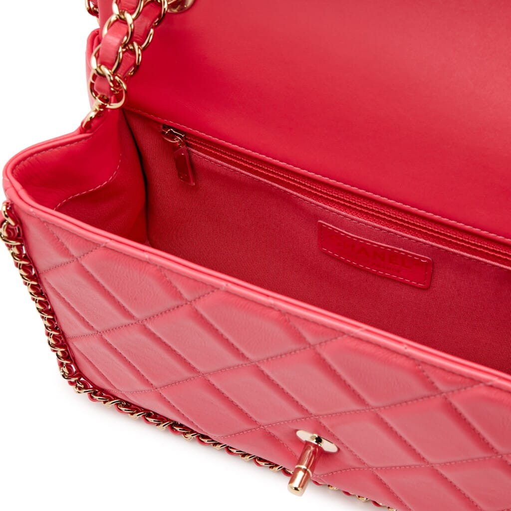 Pink Quilted Aged Calfskin Chain Around Single Flap Gold Hardware, 2020