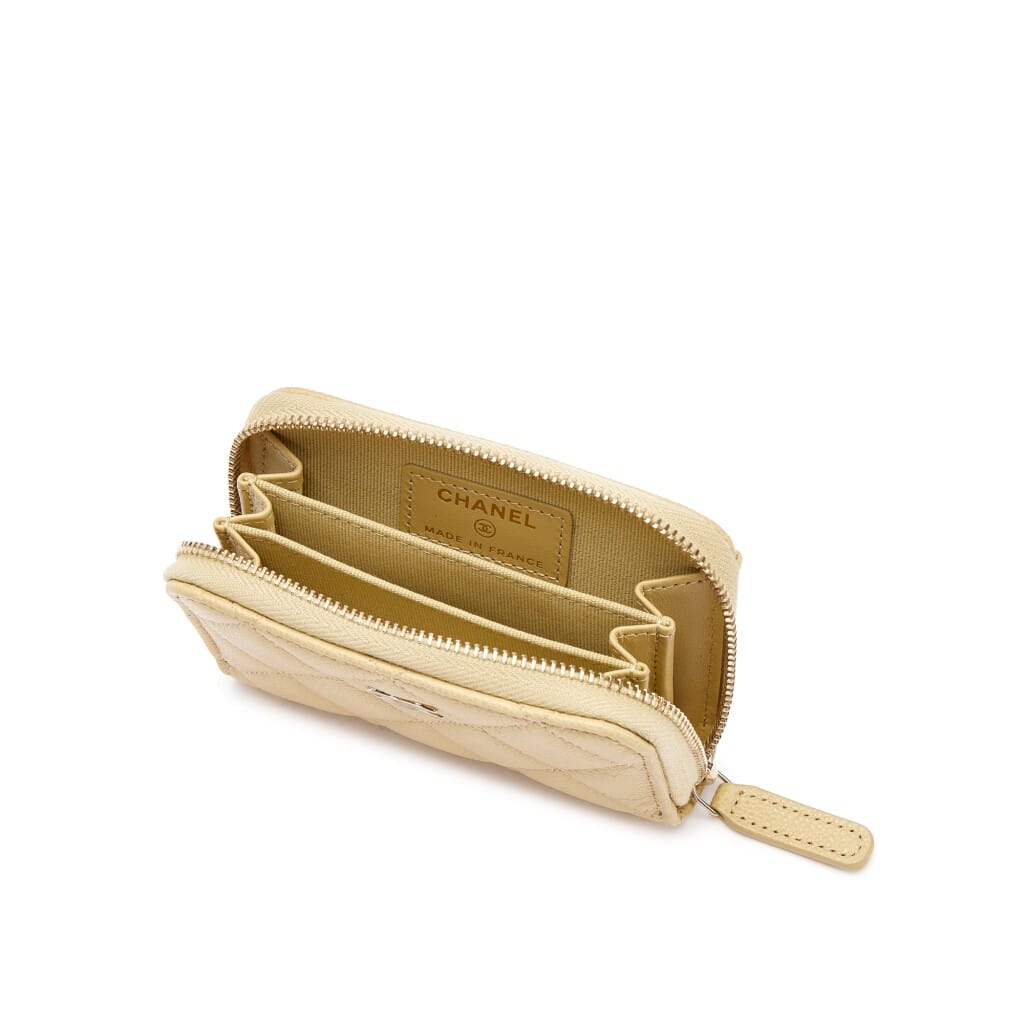 Mustard Yellow Quilted Caviar Card Holder Pale Gold Hardware