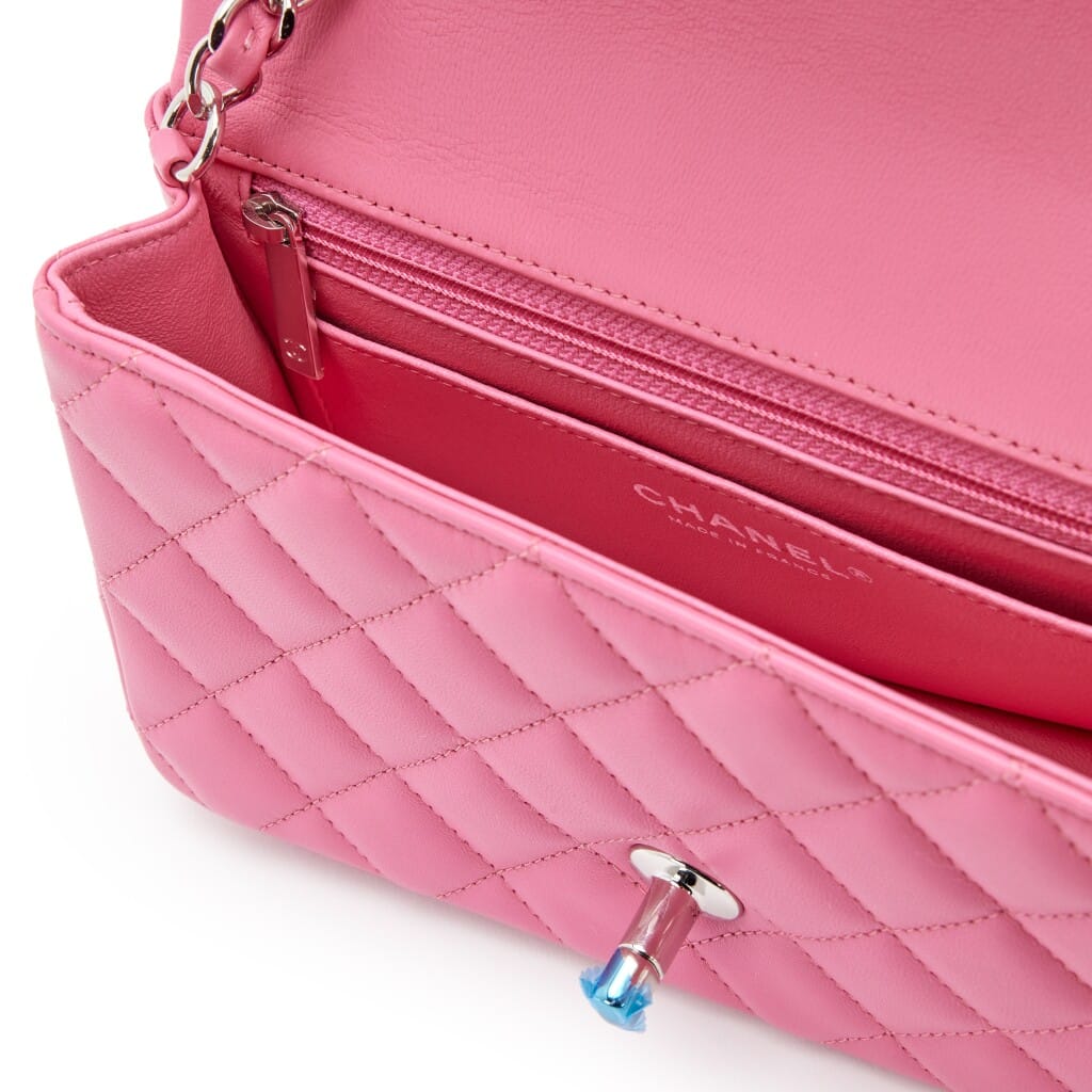 Pink Quilted Lambskin Mini Rectangular Classic Single Flap Silver Hardware, 2019