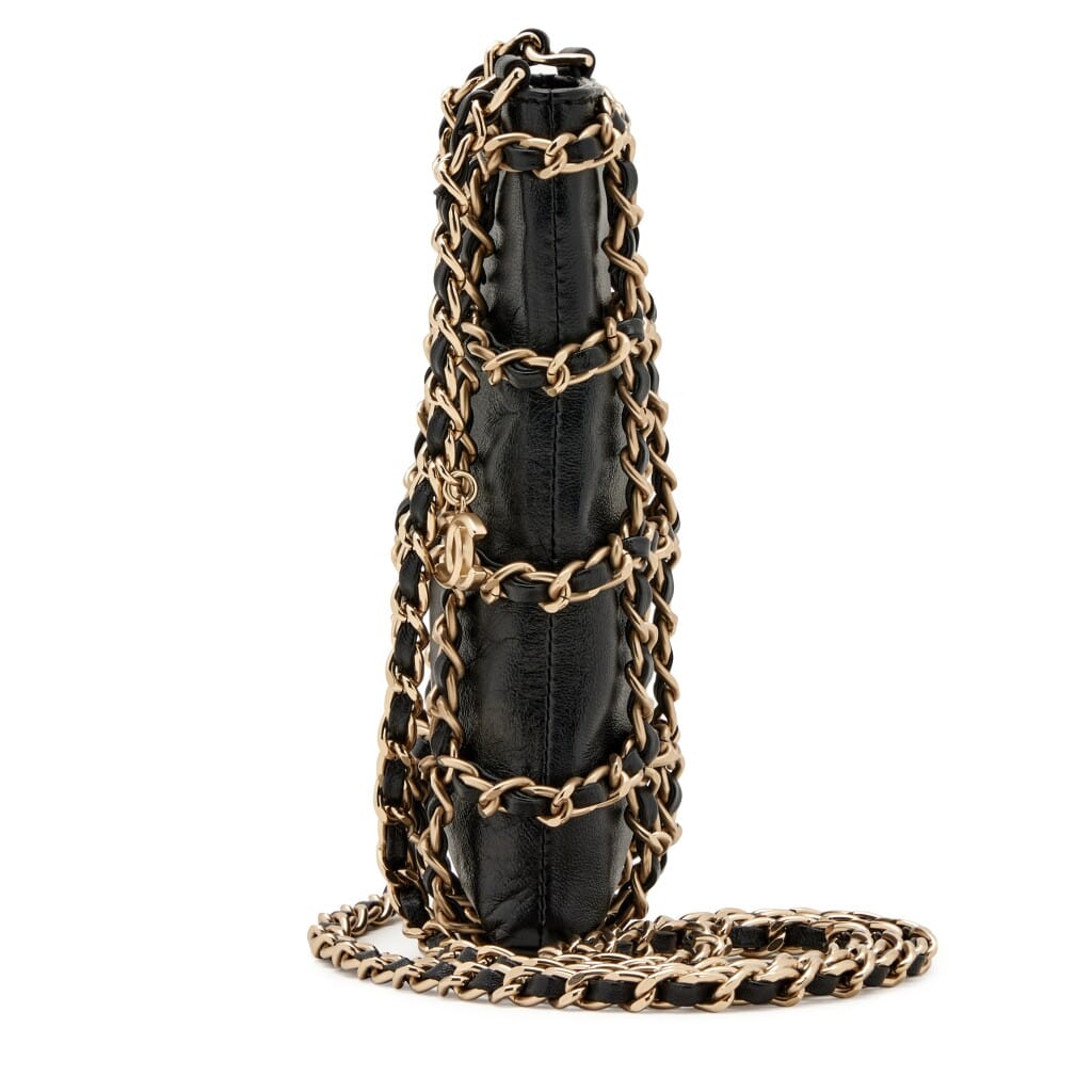 Black Lambskin Tech Me Out Clutch With Chain Pale Gold Hardware, 2019