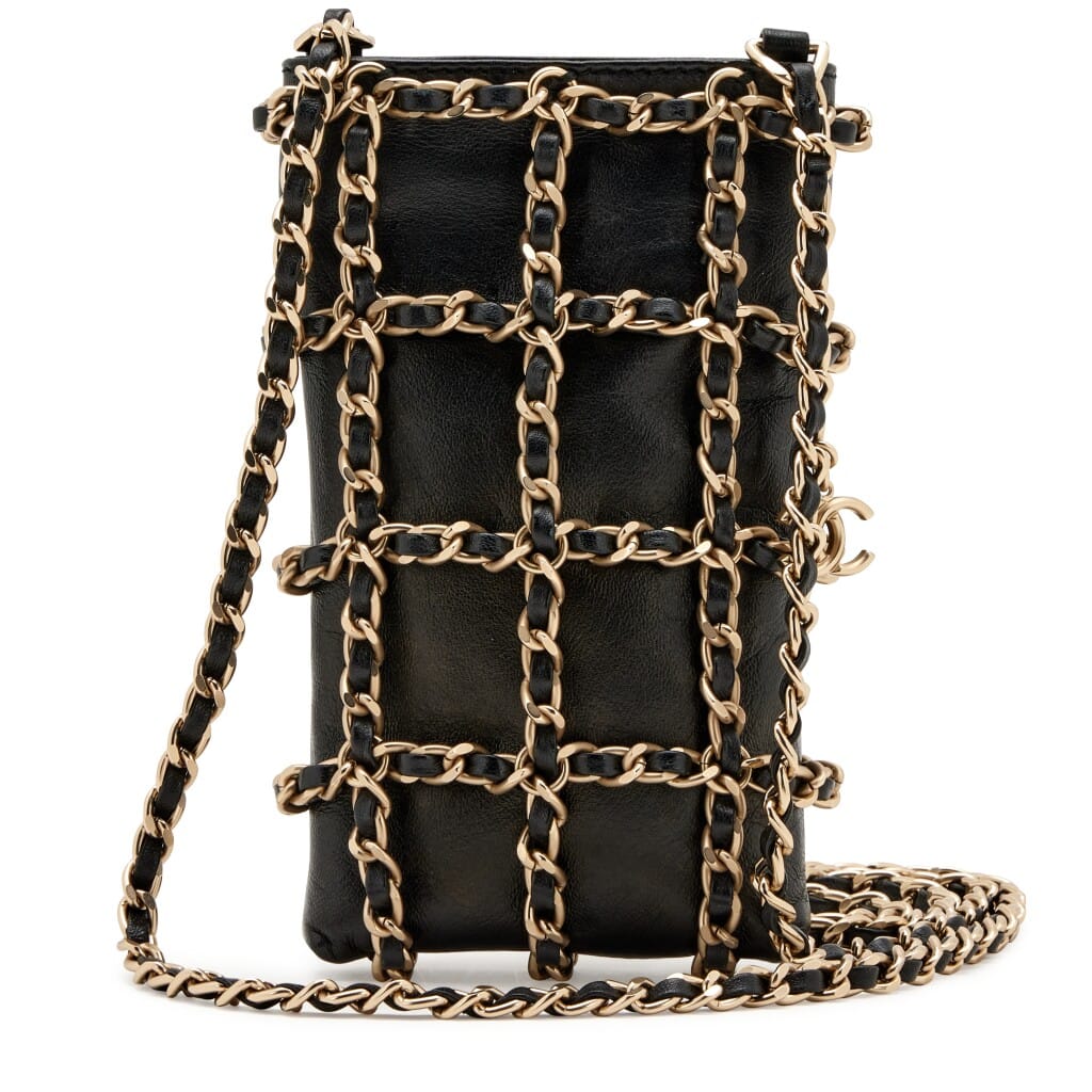 Black Lambskin Tech Me Out Clutch With Chain Pale Gold Hardware, 2019