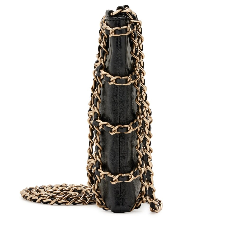 Black Lambskin Tech Me Out Clutch With Chain Pale Gold Hardware, 2019