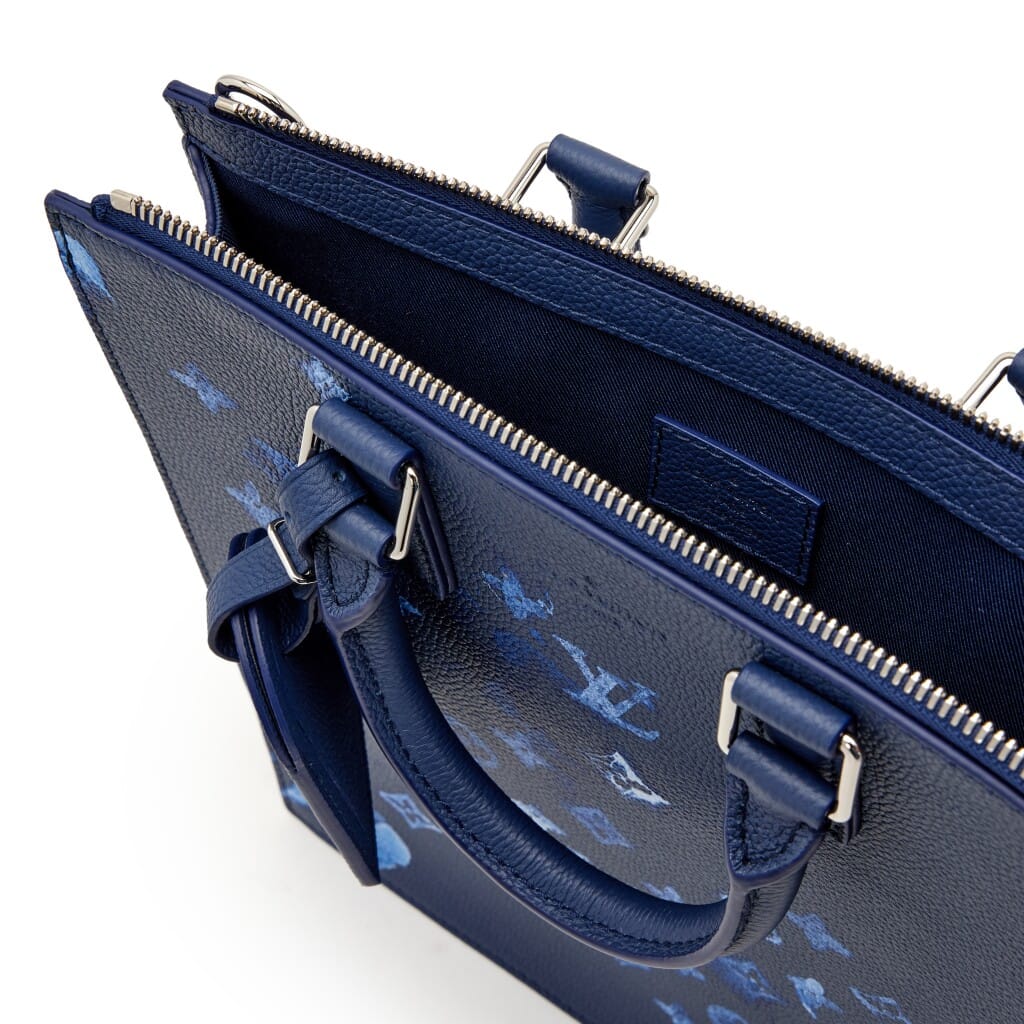 Virgil Abloh Blue Ink Watercolor Monogram Grained Leather Sac Plat Zippé Silver Hardware, 2021