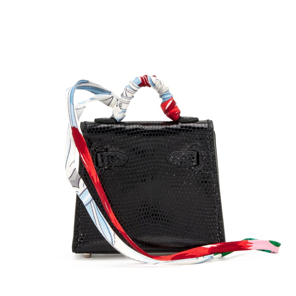 Black Shiny Niloticus Lizard Micro Mini Twilly Kelly Bag Charm Palladium Hardware, 2019