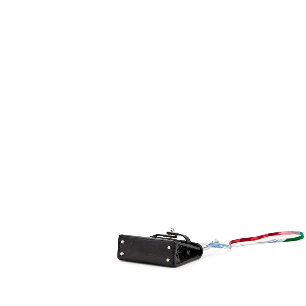 Black Shiny Niloticus Lizard Micro Mini Twilly Kelly Bag Charm Palladium Hardware, 2019