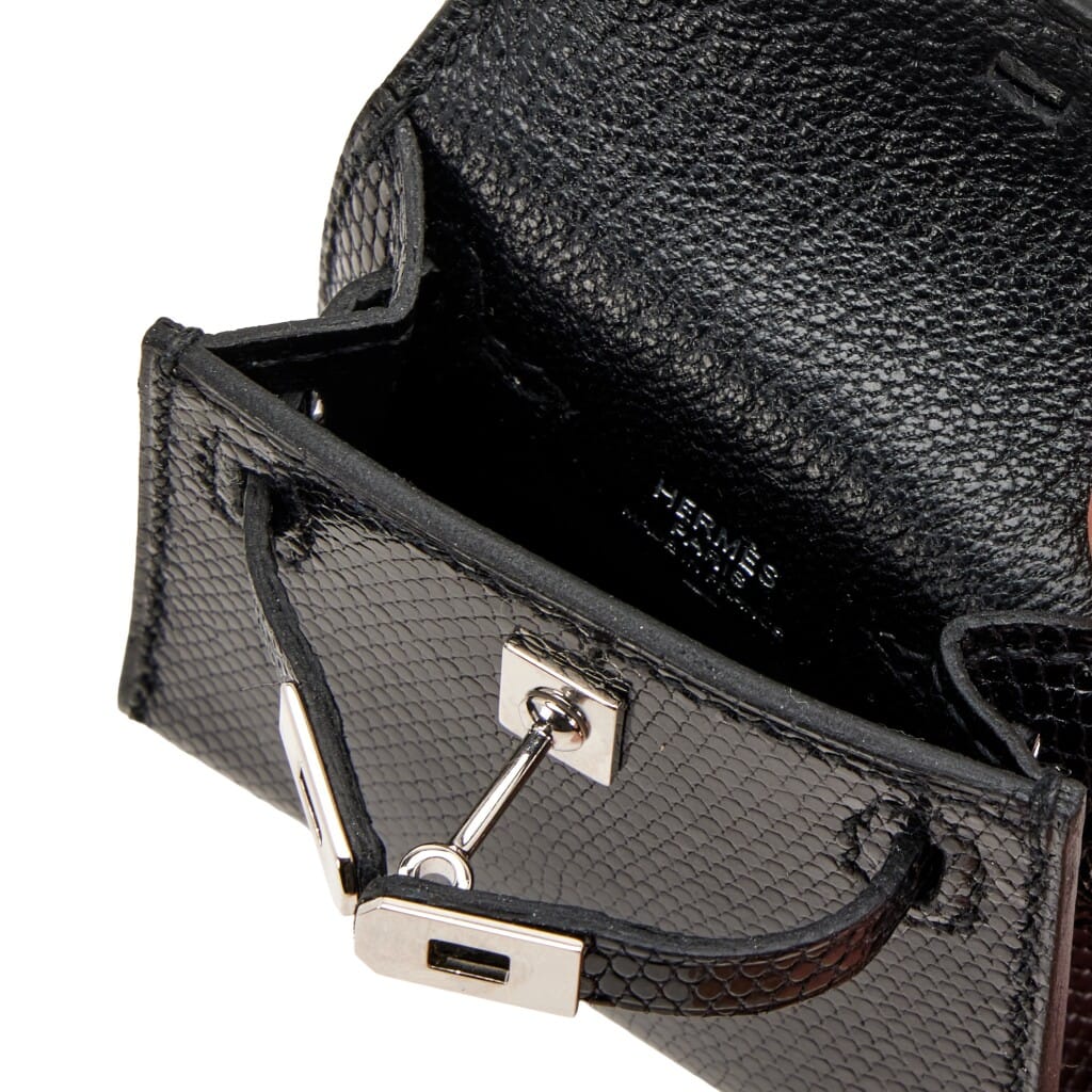 Black Shiny Niloticus Lizard Micro Mini Twilly Kelly Bag Charm Palladium Hardware, 2019