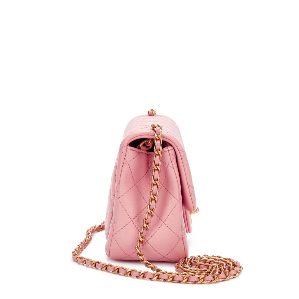 Pink Quilted Calfskin Mini Rectangular Pearl Crush Flap Bag Brushed Gold Hardware