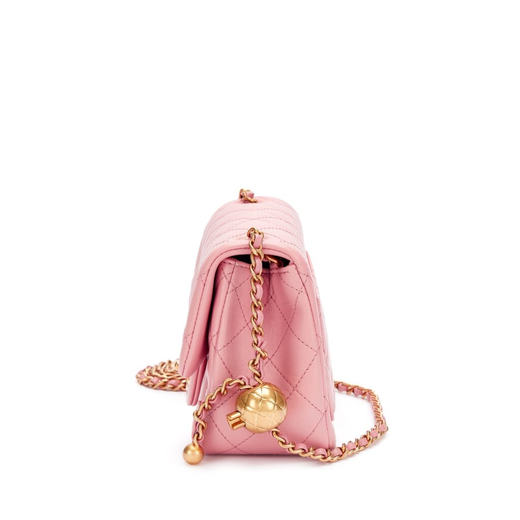 Pink Quilted Calfskin Mini Rectangular Pearl Crush Flap Bag Brushed Gold Hardware