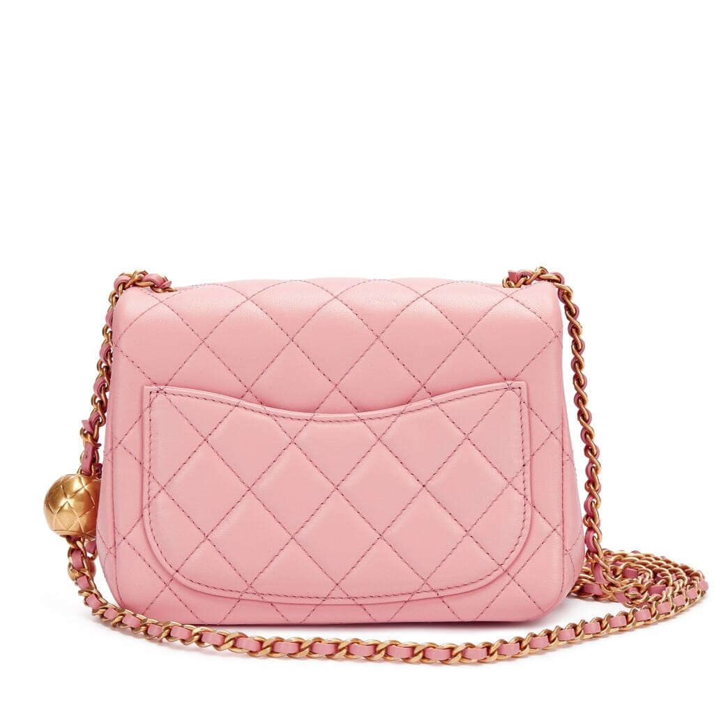 Pink Quilted Calfskin Mini Rectangular Pearl Crush Flap Bag Brushed Gold Hardware