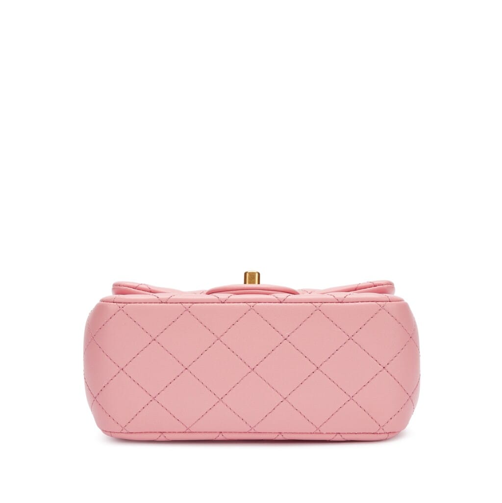 Pink Quilted Calfskin Mini Rectangular Pearl Crush Flap Bag Brushed Gold Hardware