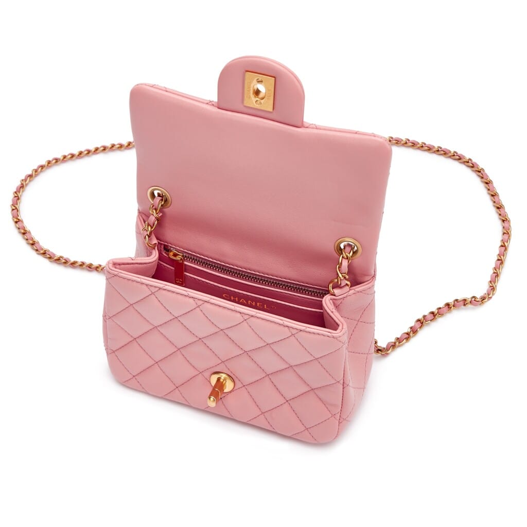 Pink Quilted Calfskin Mini Rectangular Pearl Crush Flap Bag Brushed Gold Hardware