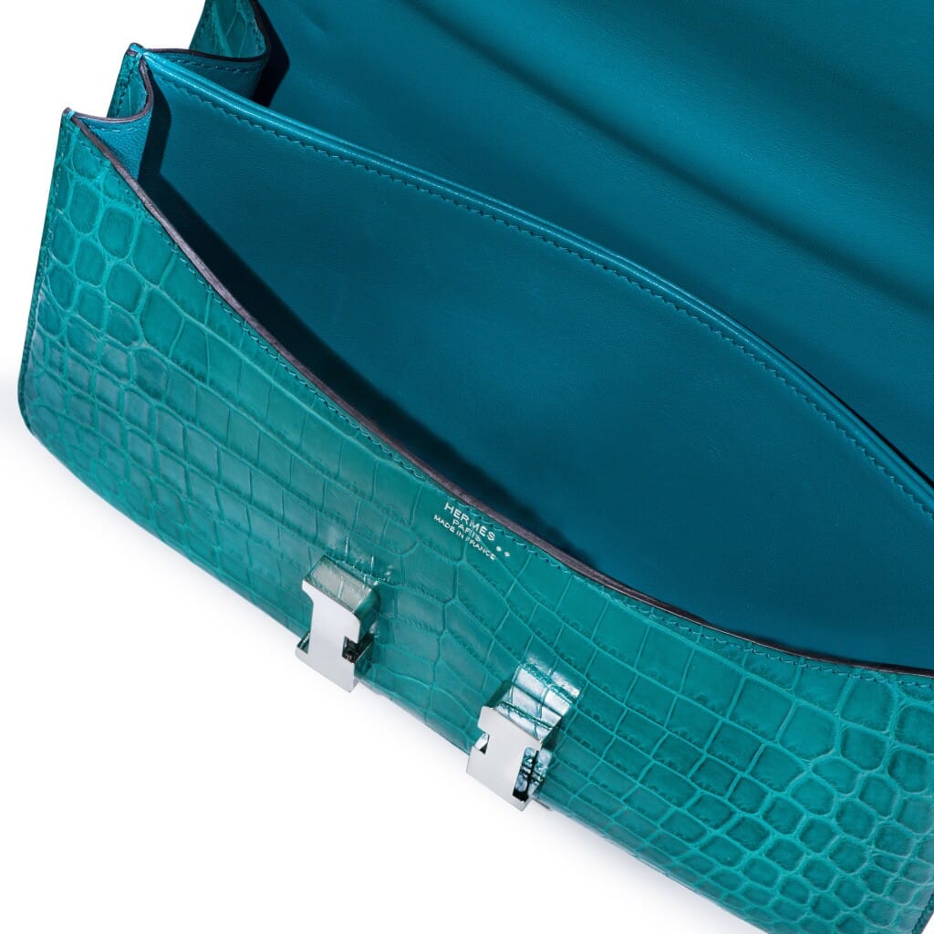Bleu Paon Matte Alligator Constance Elan Palladium Hardware, 2018