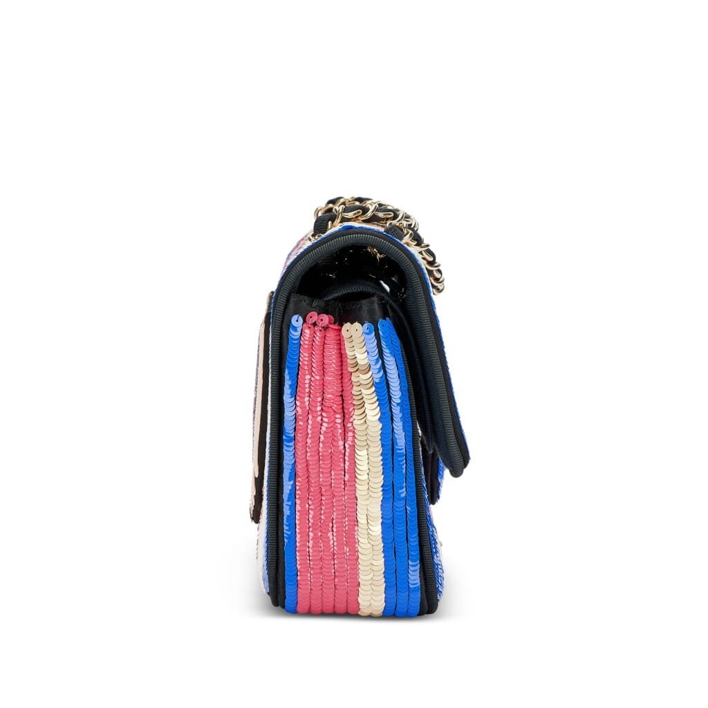 Blue, White, Red, Gold and Pink Sequin and Black Fabric Double Flap Bag Pale Gold Hardware, 2016