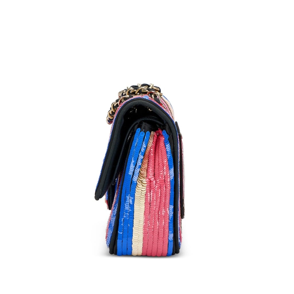 Blue, White, Red, Gold and Pink Sequin and Black Fabric Double Flap Bag Pale Gold Hardware, 2016