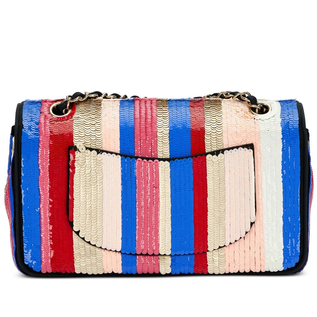 Blue, White, Red, Gold and Pink Sequin and Black Fabric Double Flap Bag Pale Gold Hardware, 2016