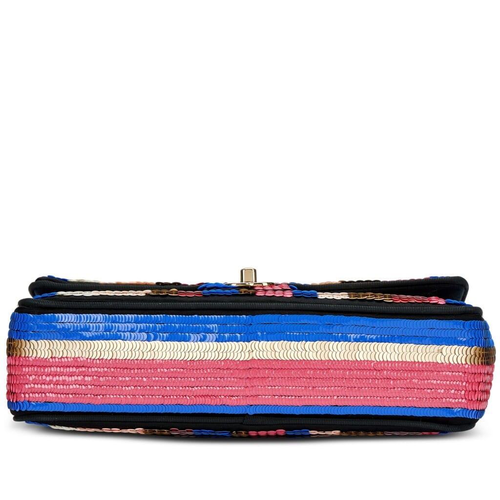 Blue, White, Red, Gold and Pink Sequin and Black Fabric Double Flap Bag Pale Gold Hardware, 2016
