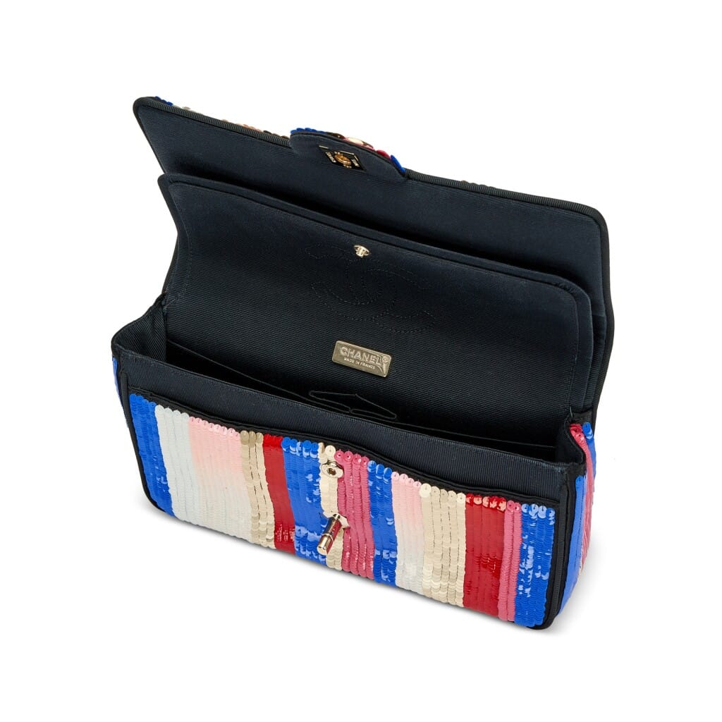 Blue, White, Red, Gold and Pink Sequin and Black Fabric Double Flap Bag Pale Gold Hardware, 2016