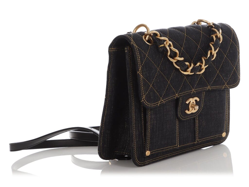 Dark Blue Quilted Denim Backpack Aged Gold Hardware, 2023