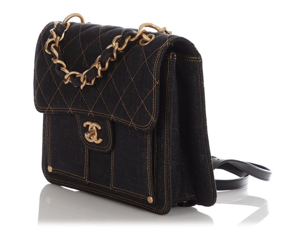 Dark Blue Quilted Denim Backpack Aged Gold Hardware, 2023